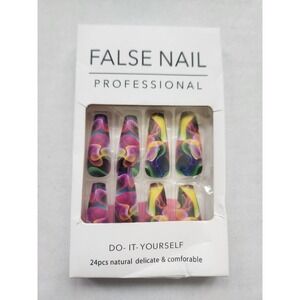24Pcs Long Coffin Press On Nails Colorful Rainbow Water Wave Smudge False Nails